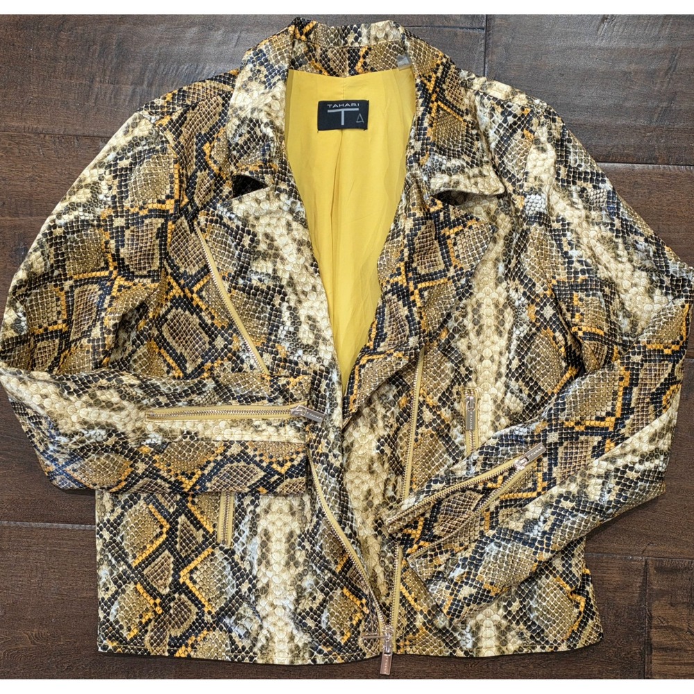RETRO Mobwife Biker Snakeskin Print Moto Jacket Brown Yellow Asymmetrical Zip XL